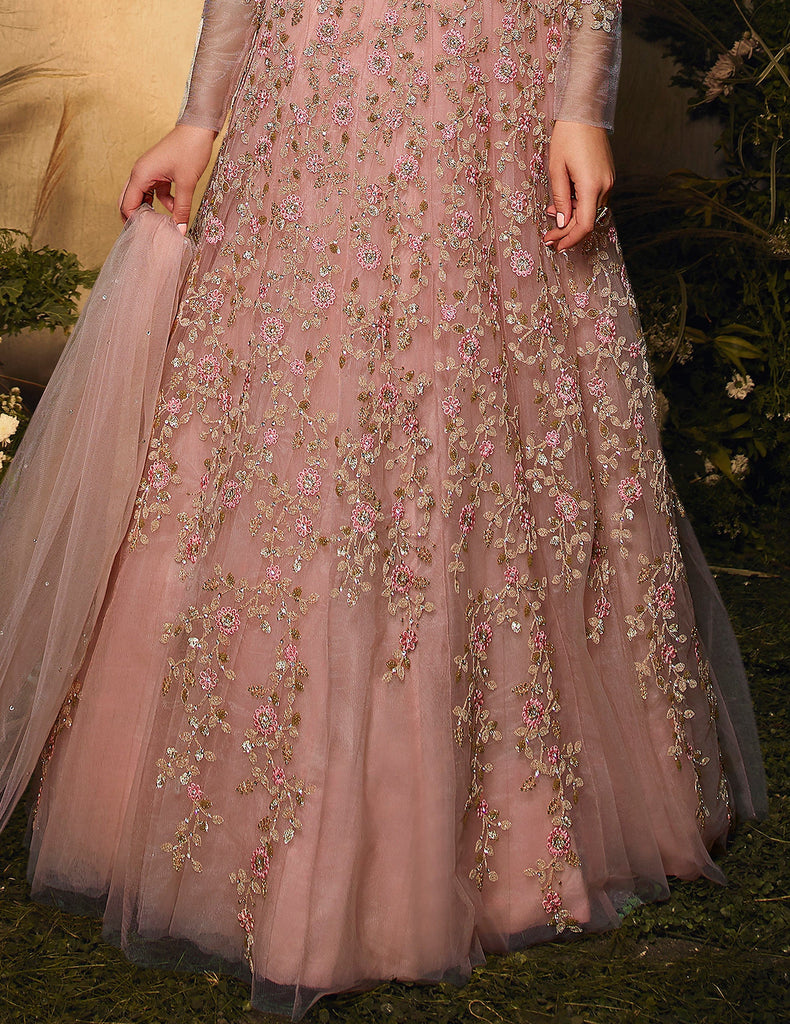 Strapless Peach Blush Colored Lace Ball Gown Wedding Dress FAE – ieie